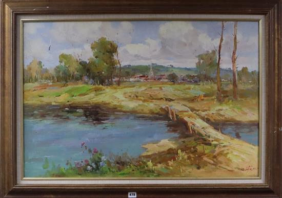Russian School, oil on canvas, Summer landscape, indistinctly signed, 60 x 90cm